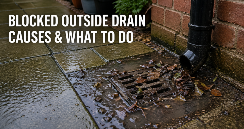 Blocked outside drain with standing water, wet patio, leaves and debris around a gully beside a house wall