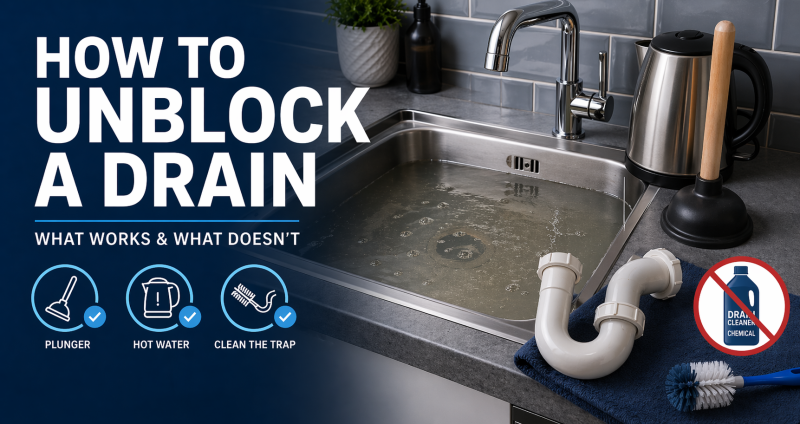 How to unblock a drain guide showing a slow draining kitchen sink, plunger, hot water, trap cleaning advice and chemical cleaner warning
