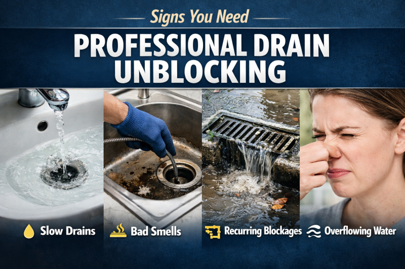Professional drain unblocking warning signs including slow drains, bad smells, recurring blockages and overflowing outside drain water
