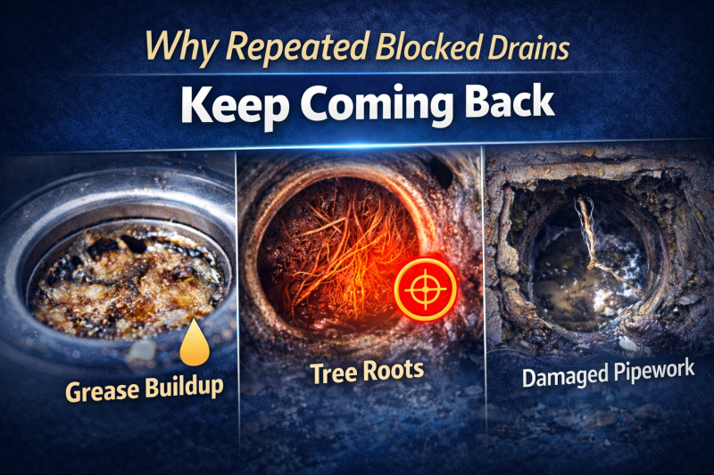 Repeated blocked drains caused by grease buildup, tree roots and damaged pipework shown in a drainage problem feature image
