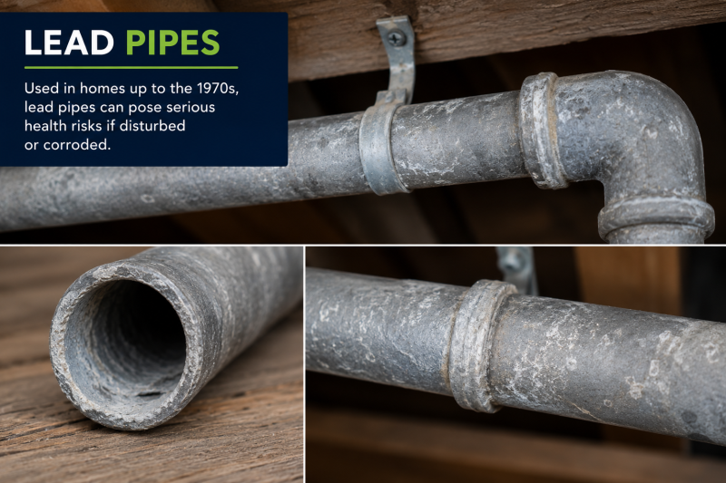 Close-up infographic showing old grey lead pipes commonly found in older homes and private water supply systems.
