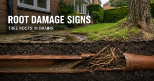 Root damage signs showing tree roots breaking into a damaged underground drain pipe and causing restricted flow beside a house