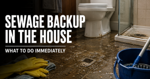 Sewage backup in the house causing wastewater on a bathroom floor near a toilet and shower with cleaning gloves and bucket ready for emergency response
