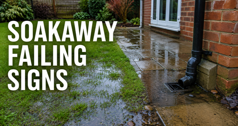 Soakaway failing signs shown by standing water on grass and paving near a house downpipe after rain