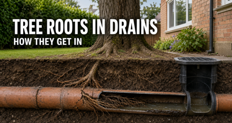 ree roots entering a damaged underground drain pipe beside a house, showing how root ingress causes blocked drains and pipe damage