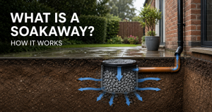 Explanatory soakaway diagram showing rainwater flowing from a house downpipe into an underground soakaway crate and dispersing into surrounding soil
