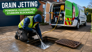 Drain jetting service on a residential driveway with an engineer using high-pressure water from a Drains24 van to clear an open drain chamber