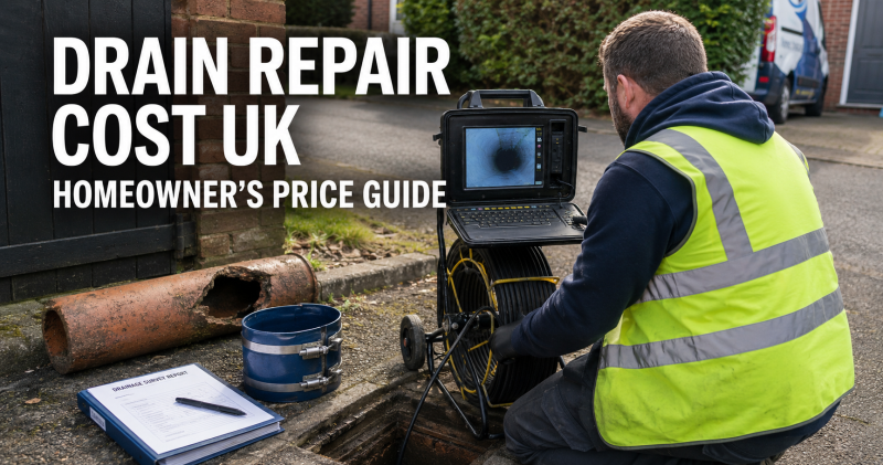 Drain engineer using CCTV inspection equipment beside a damaged drain pipe to assess drain repair cost in the UK for a homeowner guide