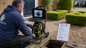 Drain engineer carrying out a CCTV drain inspection beside an open chamber with a survey report summary board showing how a drain survey report explains faults and recommendations
