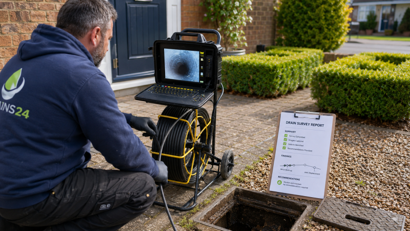 Drain engineer carrying out a CCTV drain inspection beside an open chamber with a survey report summary board showing how a drain survey report explains faults and recommendations