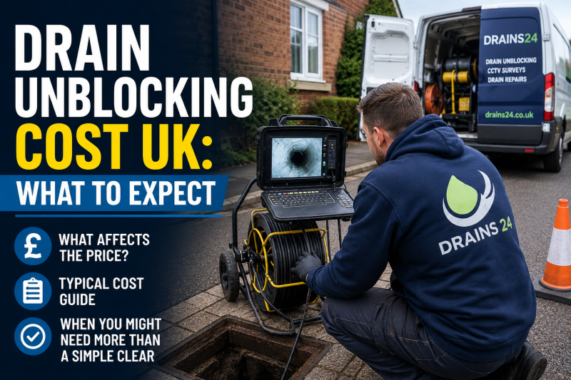 Drain engineer using CCTV drain inspection equipment beside an open inspection chamber to assess drain unblocking cost in the UK