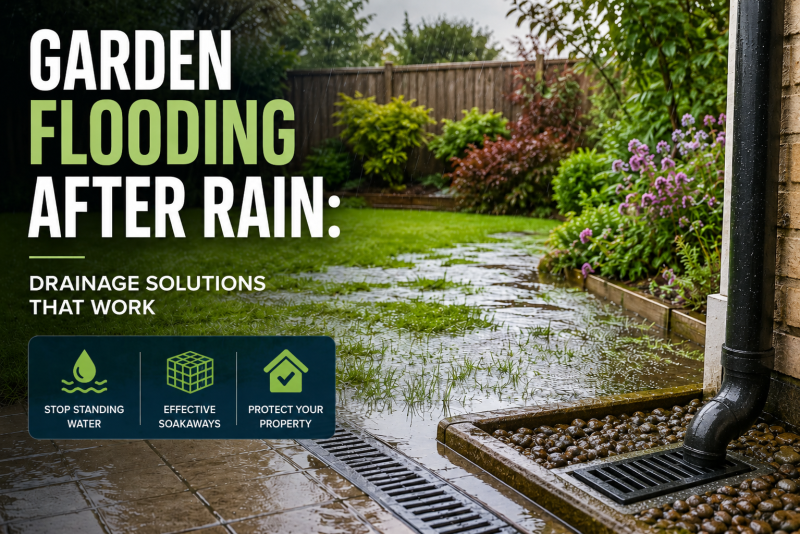 Flooded garden after heavy rain showing standing water on a lawn beside a house with surface drainage and downpipe connection into a ground drain