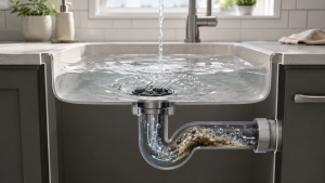Kitchen sink cross-section showing trapped buildup and disturbed water flow in the waste pipe to explain common gurgling drain causes