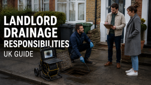 Landlord and tenant discussing a drainage issue with an engineer carrying out a CCTV drain inspection at a rental property in the UK