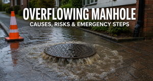 Overflowing manhole on a paved residential driveway with foul water rising around the cover and a warning cone nearby