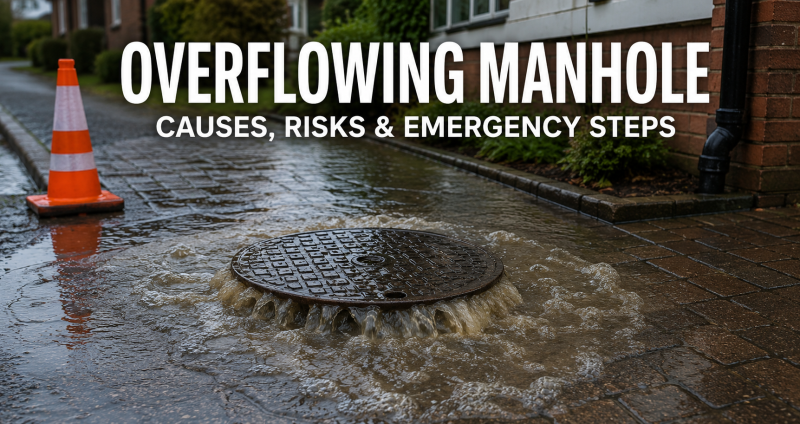 Overflowing manhole on a paved residential driveway with foul water rising around the cover and a warning cone nearby