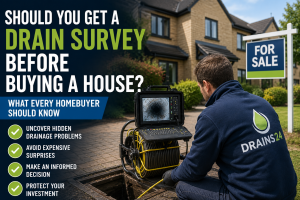 Homebuyer drain survey before buying a house showing a drain engineer using CCTV inspection equipment at an open inspection chamber outside a property for sale
