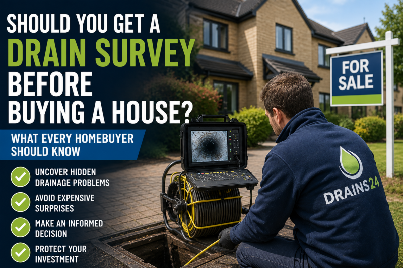 Homebuyer drain survey before buying a house showing a drain engineer using CCTV inspection equipment at an open inspection chamber outside a property for sale