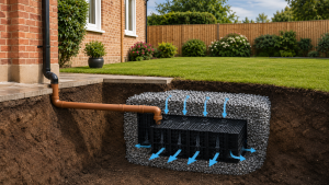 Cross-section illustration of a residential soakaway installation showing rainwater from a house downpipe flowing into underground soakaway crates surrounded by drainage stone for surface water dispersal