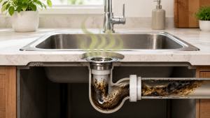 Kitchen sink drain with smelly buildup inside the waste pipe showing a common cause of bad drain odours and slow drainage
