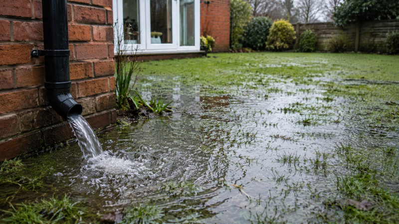Overflowing black downpipe discharging rainwater onto a flooded garden lawn beside a house, showing poor roof water drainage and standing surface water