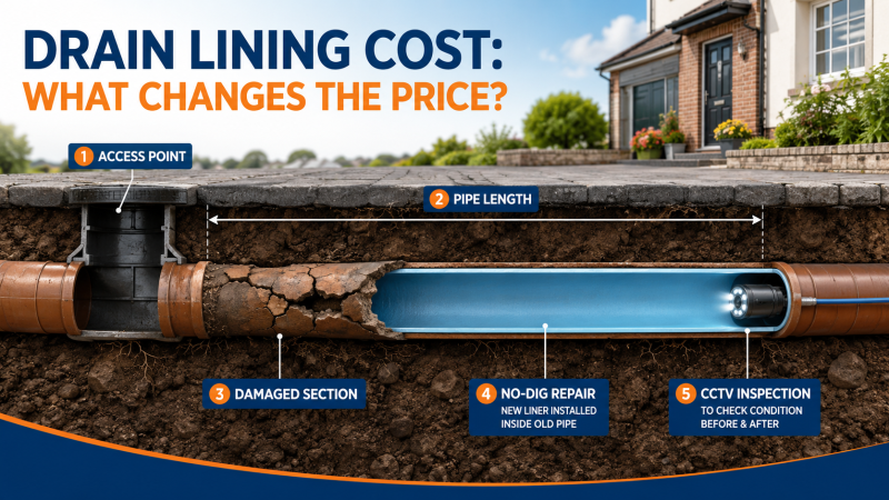 Cross-section illustration of a damaged underground drain pipe being repaired with a no-dig internal liner, showing pipe length, access point, CCTV inspection and damaged section as drain lining cost factors.
